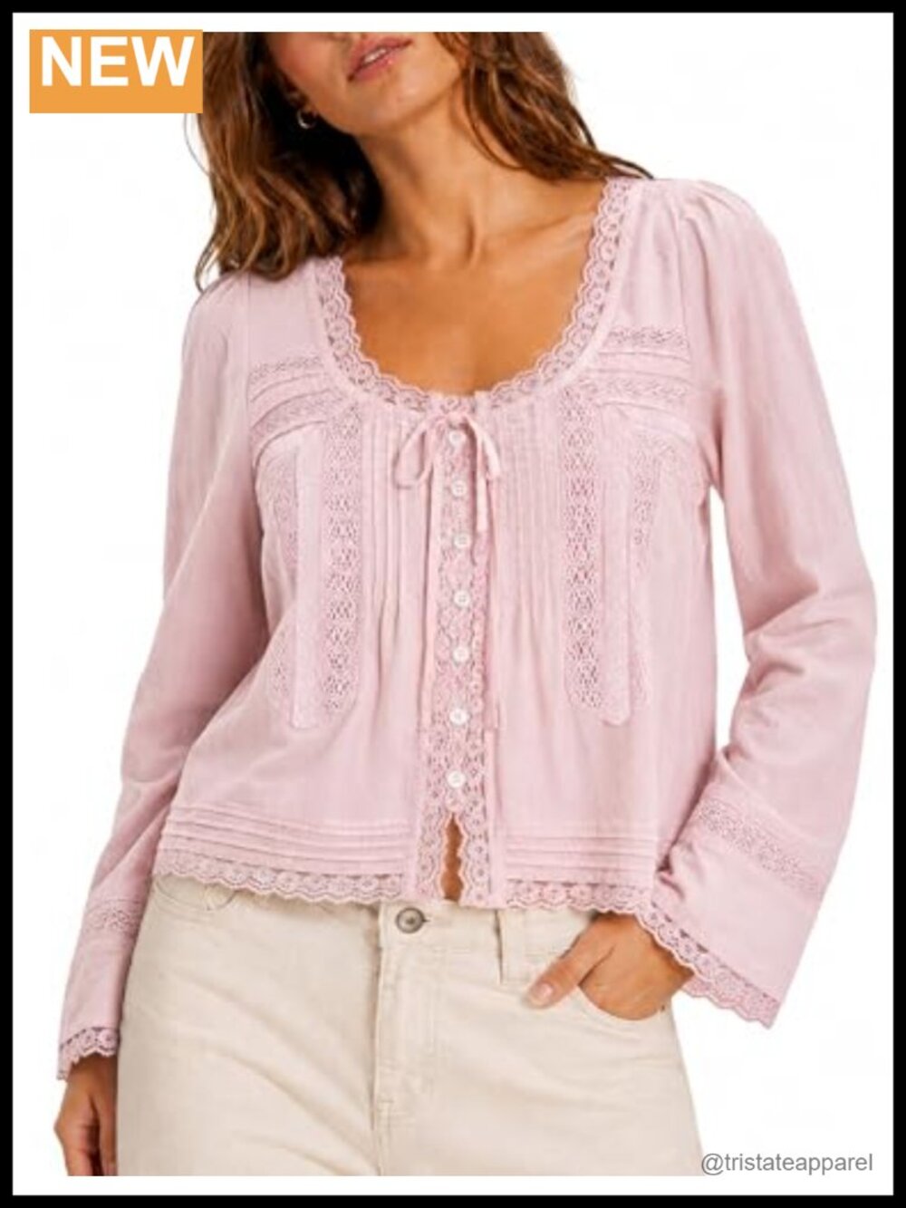 Women Boho Lace Long Sleeve Blouse Tie Front Flowy Cotton Top